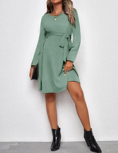 Vista 5 de Ekouaer Vestido de maternidad para mujer, manga larga, punto acanalado, vestido de embarazo, vestido casual de cuello redondo