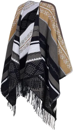 Vista 3 de Chal para mujer, poncho con borlas, cárdigan con frente abierto, chal para otoño e invierno