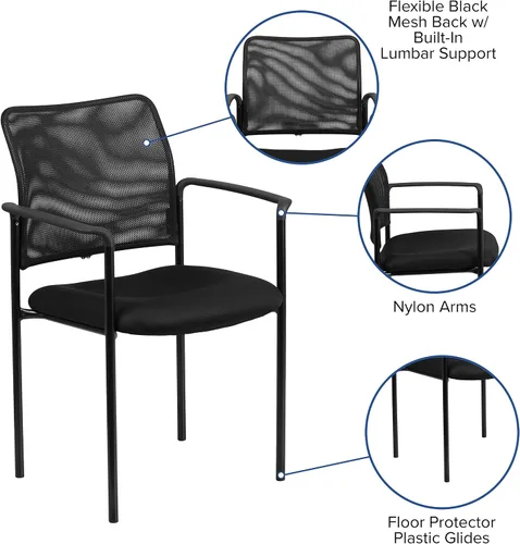 Vista 4 de BizChair Silla auxiliar apilable de acero con brazos de malla negra Comfort