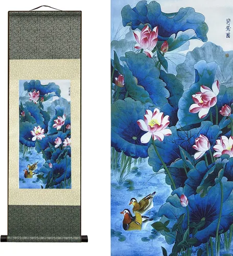 Vista 29 de AtfArt Decoración asiática de pared, hermosa pintura de pergamino de seda del paisaje del río de la cascada - Montaña, primavera, otoño