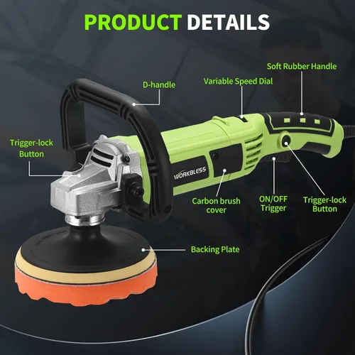 Vista 7 de Pulidora de búfer, 1600 W, 6 pulgadas/7 pulgadas, cera pulidora rotativa para automóvil, 7 velocidades variables 1600-3500 RPM, pulidora y pulidora