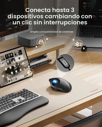 Vista 5 de ProtoArc Ratón inalámbrico Bluetooth Trackball, EM02 de dos ángulos ajustables, ergonómico recargable, conexión de 3 dispositivos, control de pulgar