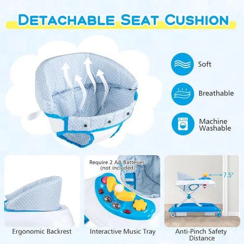 Vista 4 de BABY JOY Andador de bebé, caminador de actividad plegable 4 en 1 con altura ajustable, música, luces, caminador de empuje antivuelco para niños
