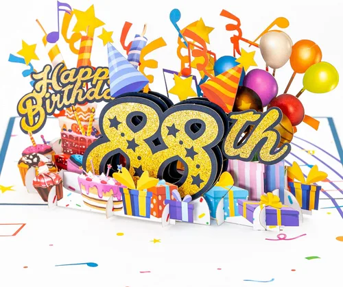 Vista 12 de iGifts And Cards Tarjeta desplegable 3D de feliz cumpleaños 87 – Diseño azul con números de purpurina, globos, pasteles y regalos – Tarjeta