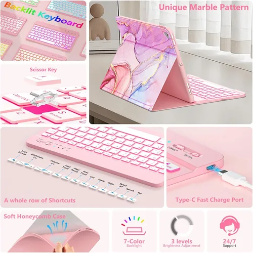 Vista 5 de FUWANG Funda para iPad de 9ª/8ª/7ª generación con teclado de 10,2 pulgadas Rosa