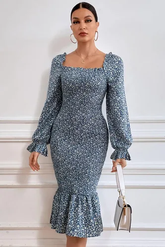Vista 2 de PRETTYGARDEN Vestido midi de manga larga abombada floral para mujer cuello cuadrado volantes vestido fruncido de sirena