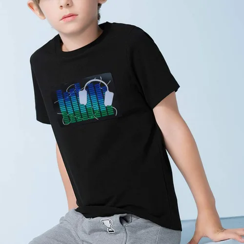 Vista 2 de Camisa LED intermitente para niños, camiseta negra activada por sonido, para cumpleaños, Halloween, Navidad