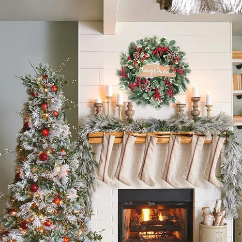 Vista 6 de idyllic Corona de Navidad-22 Coronas de Decoración de Navidad para Puerta Delantera Corona de Invierno Primavera con Agujas de Pino Eucalipto Hojas
