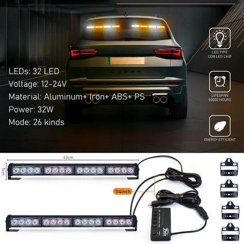 Vista 2 de Dinfu Luces estroboscópicas de emergencia con controlador para camiones, 2 barras de luz LED de 16.8 pulgadas, 36 luces LED ámbar y blancas