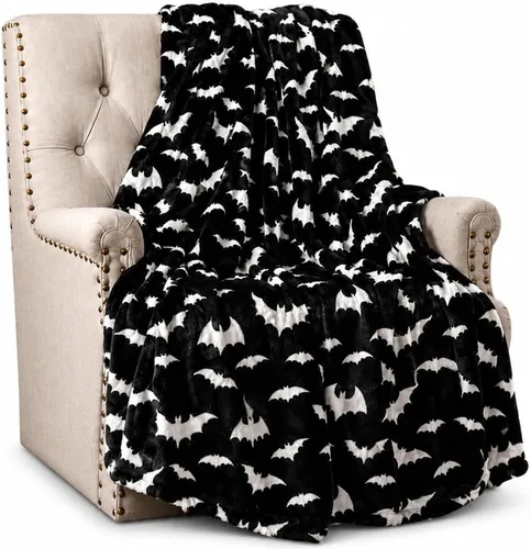 Vista 26 de Manta de forro polar de Halloween, murciélagos negros sobre fondo naranja, 50 x 70 pulgadas Ultra-soft cozy flannel fleece, for sofa couch bed