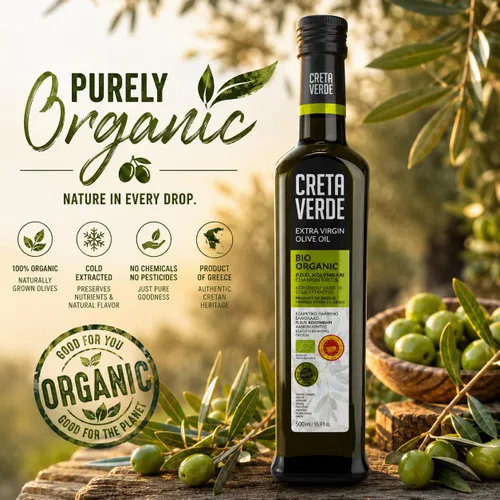 Vista 3 de CRETA VERDE - Aceite de oliva orgánico 100% griego extra virgen prensado en frío y alto polifenol Variedad Koroneiki Primer AOVE extraído