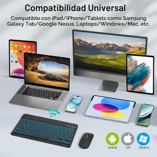 Vista 2 de Combo de teclado y mouse inalámbricos, teclado y mouse Bluetooth recargables con retroiluminación de 7 colores y receptor USB inalámbrico de 2.4