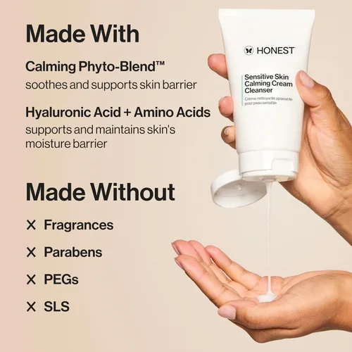Vista 3 de Honest Beauty Limpiador en crema calmante para piel sensible, limpia suavemente hidrata calma, hipoalergénico, sin fragancia, vegano, 4 onzas