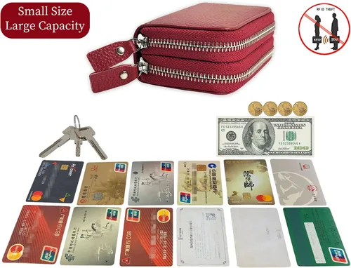 Vista 11 de Cartera de cuero para mujer, con doble tarjeta, tarjetero con cremallera, múltiples compartimentos, bloqueo RFID C-W-1, Rosado, Talla única