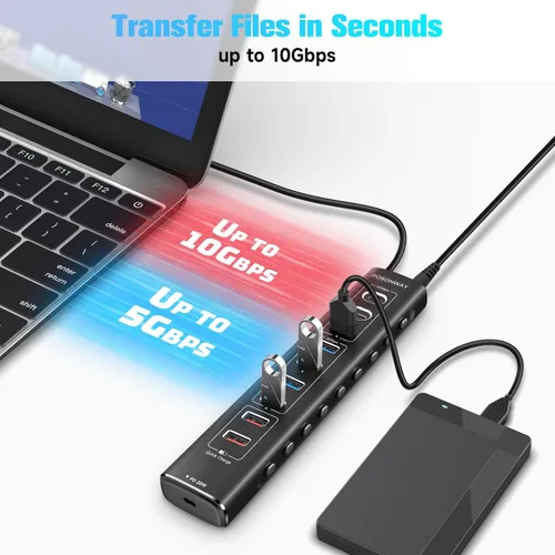 Vista 3 de Rosonway Hub USB 3.2/USB C alimentado de 10 puertos de 60 W con puertos USB-3.2 de 3 x 10 Gbps (2C + 1A), 4 puertos de datos USB 3.0, 1 USB-C PD y 2
