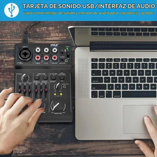 Vista 4 de Pyle - Mezclador de audio Bluetooth de 3 canales - Controlador de sonido DJ con tarjeta de sonido USB para grabación en PC - XLR - Conector