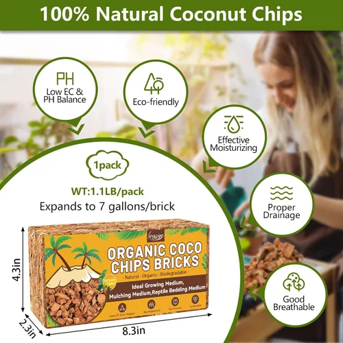 Vista 2 de Legigo Chips de fibra de coco de 1.1 libras para plantas - Ladrillo de chips de coco 100% orgánico, mezcla para macetas con bajo equilibrio EC y PH