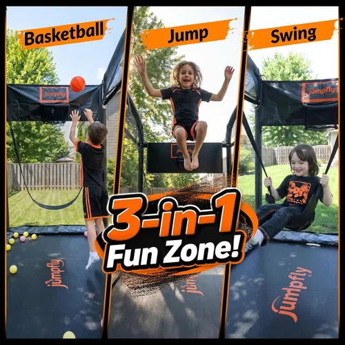 Vista 2 de jumpfly Trampolín rectangular de 6 pies para niños, trampolín para niños pequeños con columpio y aro de baloncesto, mini para interiores