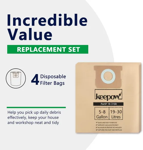 Vista 3 de Bolsas KEEPOW 19-3100 para aspiradora de 5-8 galones compatibles con Stanley, paquete de 4 bolsas de filtro desechables