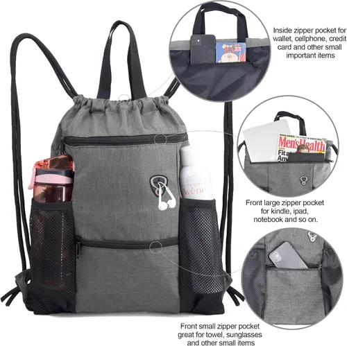 Vista 3 de BeeGreen Mochila con cordón y bolsillos con cremallera y botella de agua de malla para deportes de gimnasio, Gris, Mochilas Daypack