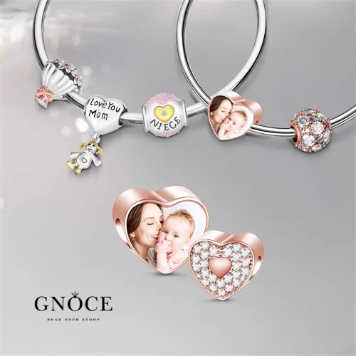 Vista 5 de GNOCE Custom Photo Charms Bead Heart Shaped Sterling Silver Personalized Charm With Cz fit Bracelet Necklace For Women Family Memorial Girls