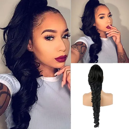 Vista 6 de KRSI Extensión de cola de caballo larga y ondulada con cordón, 28 pulgadas, 1B#, para mujeres, clip de cabello negro, cabello sintético, extensión