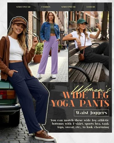 Vista 128 de Neer - Conjunto de 3 pantalones de yoga de pierna ancha para mujer - Pantalones deportivos cómodos, holgados, de cintura alta y casuales