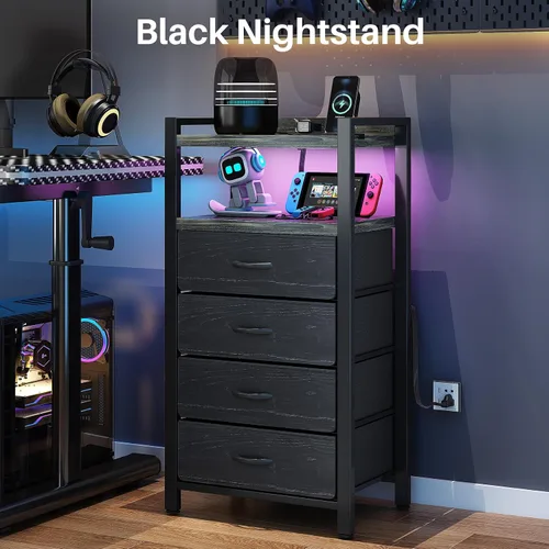 Vista 5 de Kitstorack Mesita de noche con estación de carga y luz LED, mesita de noche negra con cajones, mesita de noche alta, 4 cajones de tela
