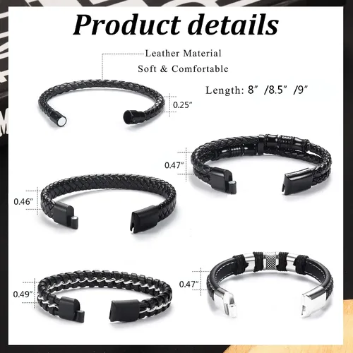 Vista 2 de THUNARAZ Black Leather Bracelets for Men Women 5Pcs Mens Bracelet Stainless Steel Wristband Cuff Braided Leather Bracelets Set 8-9 inches