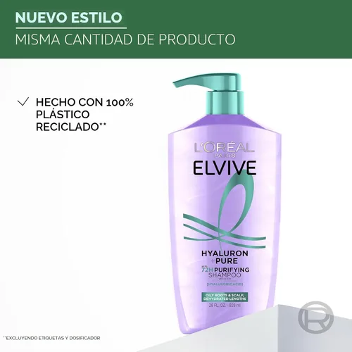 Vista 8 de L'Oreal Paris Elvive Hyaluron + Pure 72H Champú purificador para cabello graso, champú clarificador con ácido salicílico y ácido hialurónico, 28