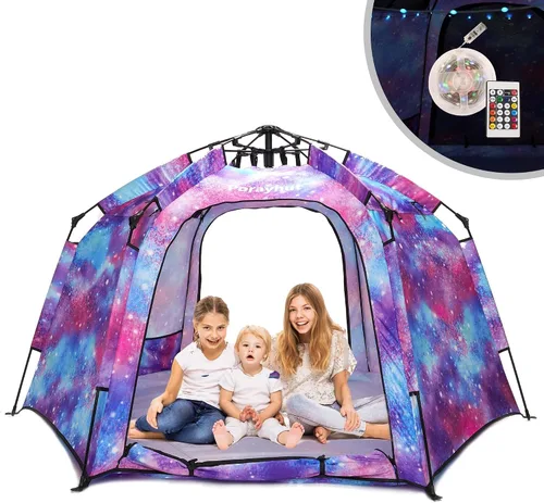 Vista 10 de Tienda de campaña hexagonal portátil para niños con tira de luces LED para interiores, casa de juegos para niños, tienda de campaña de ensueño
