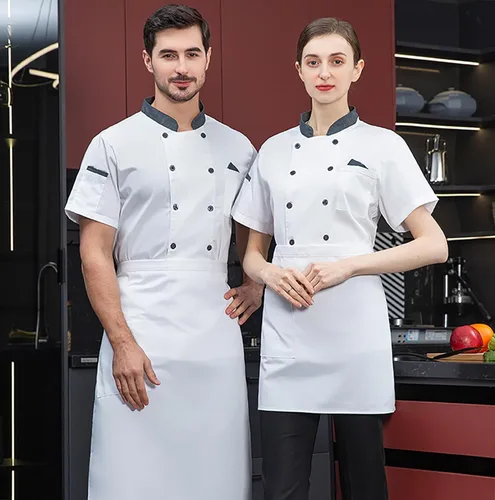 Vista 2 de Chaqueta de chef unisex con doble botonadura trasera, malla completa, ligera, costura de color, uniforme de chef