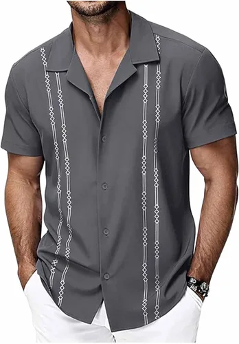 Vista 7 de Camisa de guayabera cubana para hombre, camisa de manga corta con botones, camisas hawaianas casuales de verano, camisas de playa para vacaciones