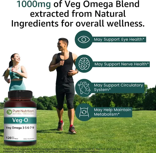 Vista 4 de Pure Nutrition Vegano Omega 3-5-6-7-9 120 cápsulas blandas 600 mg por porción de 2 cápsulas blandas Suplemento multiOmega para la salud