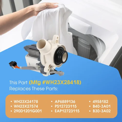 Vista 4 de OEM 290D1201G003 WH23X28418 Conjunto de bomba de drenaje de lavadora compatible con GE Hotpoint, reemplaza WH23X24178 WH23X27574 4958182 AP6889136