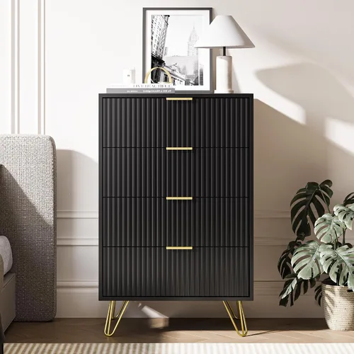 Vista 6 de MAISONARIA Cómoda negra para dormitorio, cómoda de 4 cajones con tiradores de metal dorado y cómodas, cómodas para pasillo, dormitorio
