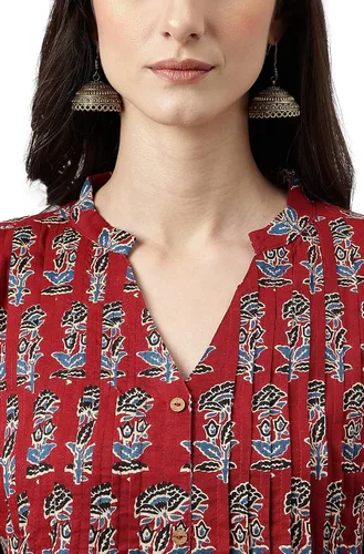 Vista 8 de Janasya Kurta acampanada de algodón granate, con estampado floral, para mujer india