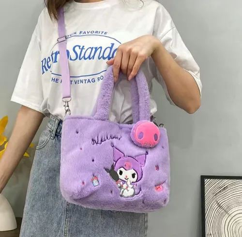 Vista 2 de Bolso esponjoso lindo Kawaii Sanrio Hello Kitty My Melody bolso de manolateral suave bandolera bandolera, Púrpura