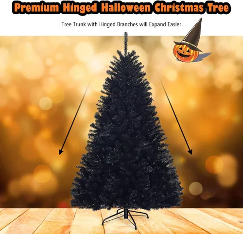 Vista 5 de Goplus Árbol de Navidad negro sin luz de 6 pies, árbol de Halloween artificial con 1036 puntas de rama, soporte de metal, árbol completo de Navidad