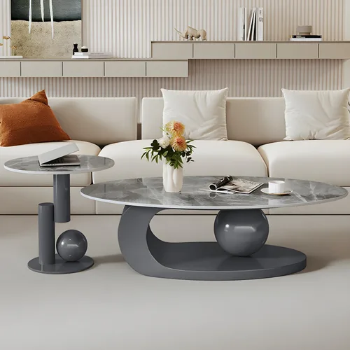 Vista 6 de LITFAD Mesa de centro moderna de piedra con base de metal abstracta para sala de estar, mesa central para muebles del hogar, color negro, 19.7