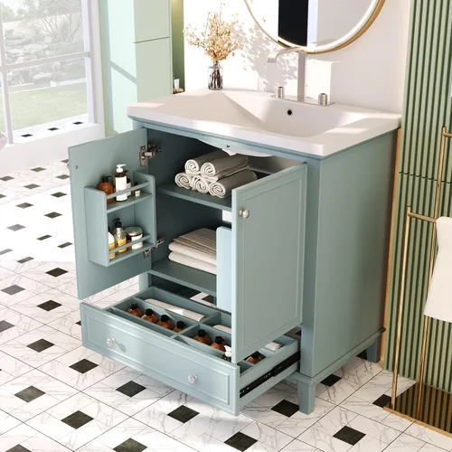 Vista 5 de Armario de tocador de baño de 30 pulgadas con juego de encimera de cerámica para fregadero, cajones multifuncionales y estante de almacenamiento
