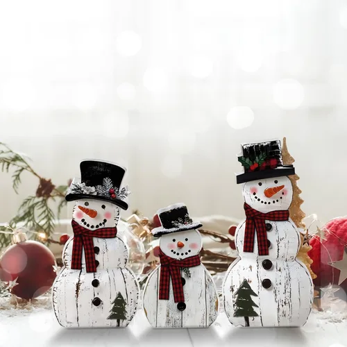 Vista 6 de Barydat 3 piezas de decoración de madera de muñeco de nieve de Navidad, centros de mesa rústicos de muñeco de nieve, letrero de bloque para Navidad