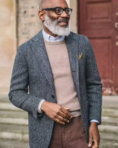 Vista 3 de HUUTOE Chaqueta de tweed para hombre, estilo vintage, casual, espiga, traje de tweed, dos botones, solapa con muesca y solapa, abrigo deportivo