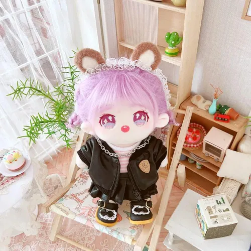 Vista 2 de niannyyhouse Muñeca de peluche de 7.9 in, chaqueta de piel, falda a rayas, camiseta de 8 pulgadas, ropa de muñeca de peluche (A-Girl)