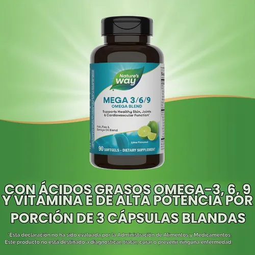 Vista 4 de Nature's Way MEGA 3/6/9 Omega Blend, sin OMG, pescado Lino Borraja Aceites, sabor a lima, 90