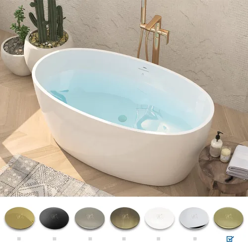 Vista 4 de FerdY Tahití - Bañera de acrílico independiente de 55 pulgadas, elegante bañera de remojo de forma ovalada, blanco brillante, drenaje dorado