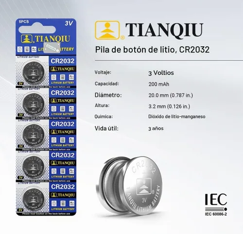Vista 5 de TIANQIU Batería 2032 (CR2032/ DL2032/ E-CR2032/ SB-T51/ LF1/ 2V) Litio 3V (1 paquete de 5)