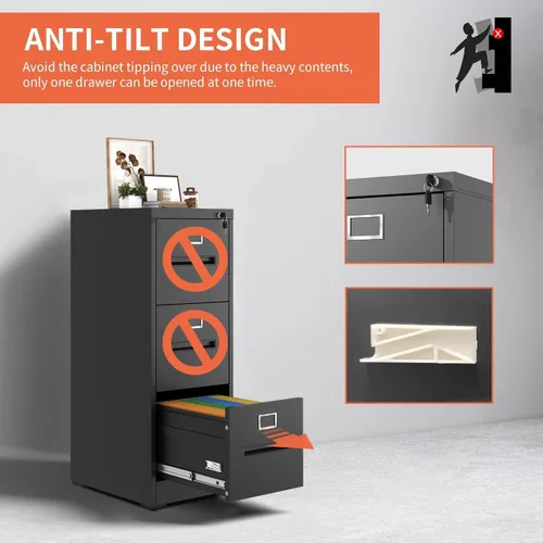 Vista 5 de Archivador vertical de 3 cajones para oficina en casa, archivador de metal con cerradura para carpetas colgantes de tamaño legal/carta, antivuelcos