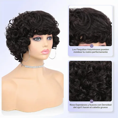 Vista 5 de Pelucas de cabello humano corto rizado Bob peluca para mujeres negras, sin encaje, peluca rizada grande con flequillo, corte pixie, pelucas Negro