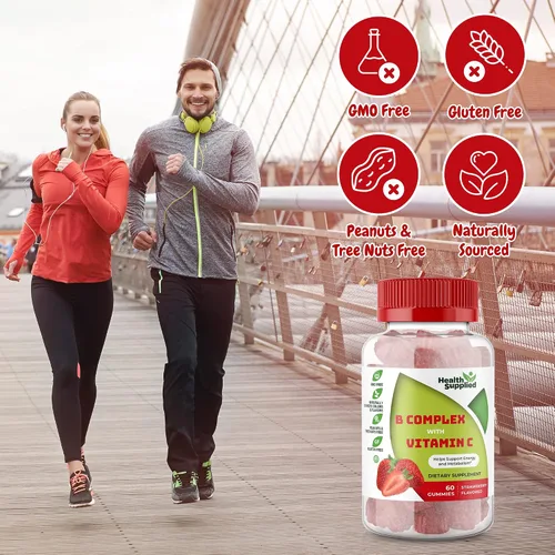 Vista 4 de Gomitas de complejo de vitamina B con sabor a fresa - Complejo B con vitamina C - Apoya el sistema nervioso y aumenta los niveles de energía - Ayuda